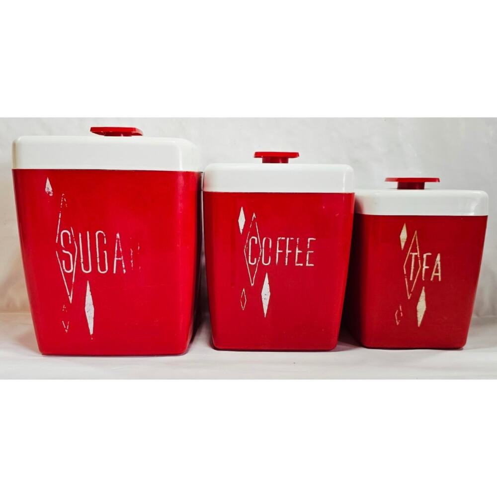 Vtg 1950’s Red Plastic Lustro Ware Canister Set Sugar Coffee Tea With Lids